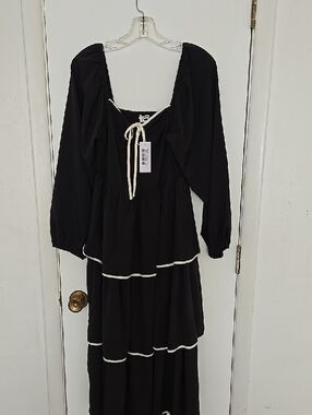 Baltic Born Black Tiered Midi Dress with White Trim